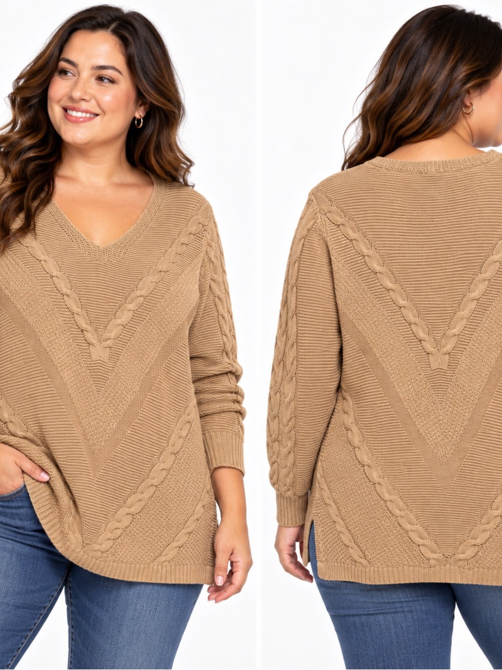 Chico’s Zenergy Size XL Camel Cable Knit Sweater Cotton Cashmere Blend V Neck